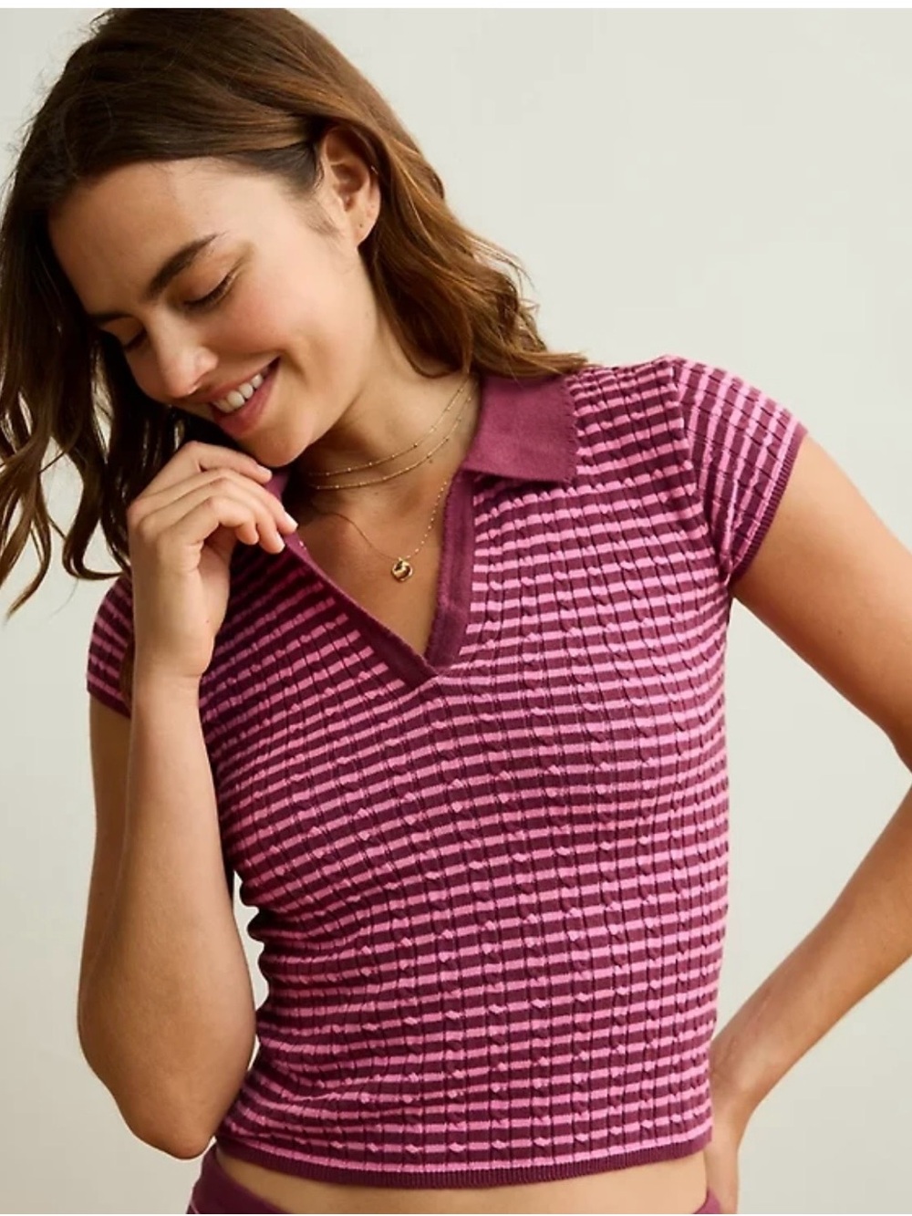 American Eagle Striped Cable Knit Sweater Polo V-Neck burgundy & Pink M NWT
